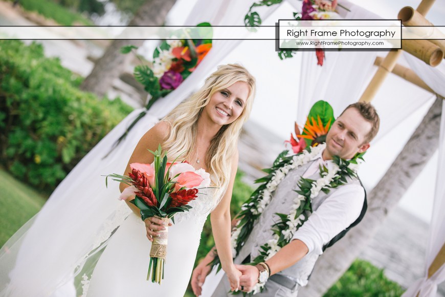 JUST MARRIED at the PARADISE COVE LUAU VENUE wedding location The Point KoOlina Oahu